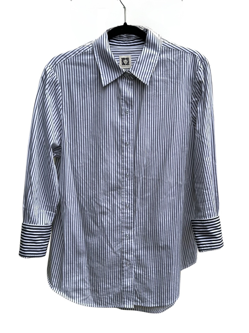 Anne Klein Striped Button Front Shirt M White Black Cotton Career Blouse